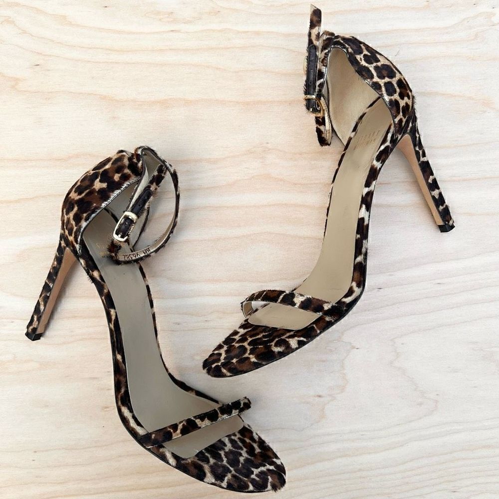 Stuart Weitzman Nudist Heels Sandal Leopard Print Calf Hair womens size 9